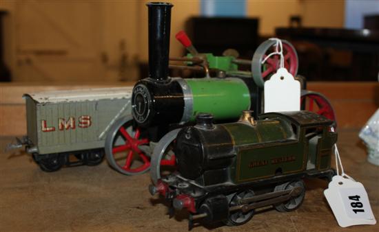 Mahmod steam model, a Hornby O gauge loco and a wagon